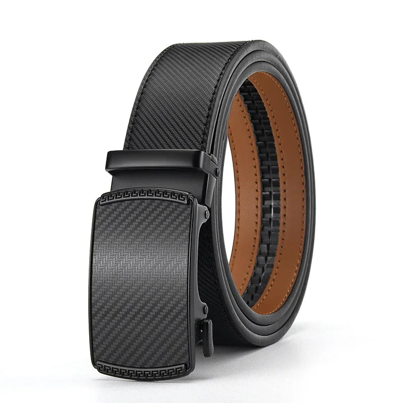 Black carbon fiber textured men's ratchet belt with matte black automatic buckle and brown interior