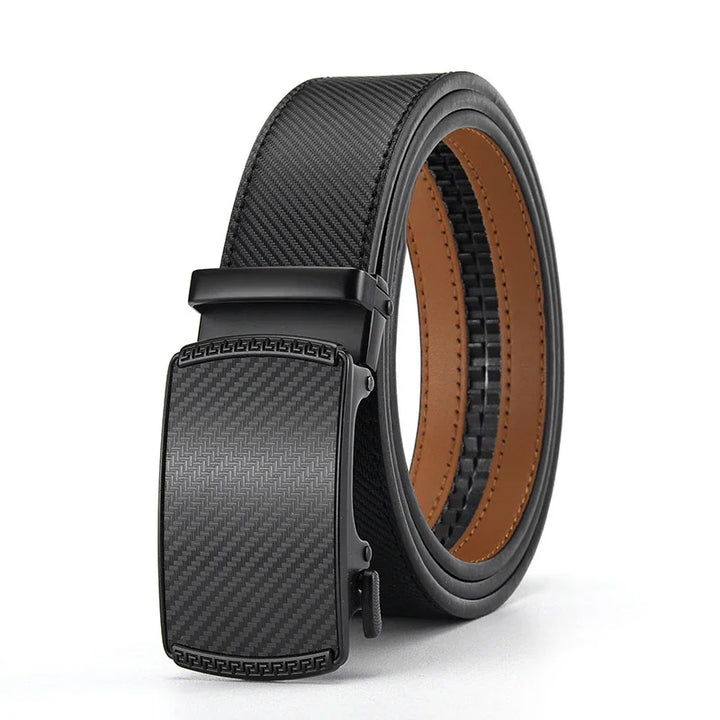 Black carbon fiber textured men's ratchet belt with matte black automatic buckle and brown interior