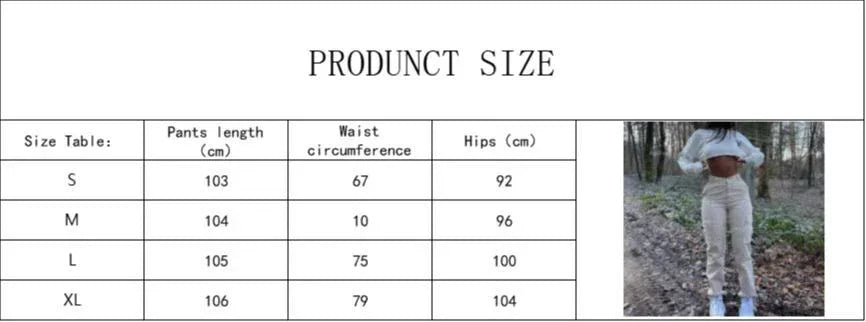 Size chart for pants with lengths, waist circumference, hips measurements, and model wearing beige pants outdoors
