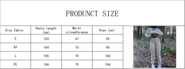 Size chart for pants with lengths, waist circumference, hips measurements, and model wearing beige pants outdoors