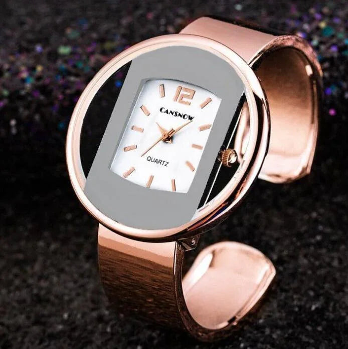 Rose gold CANSNOW quartz wristwatch with rectangular white dial and minimalist design