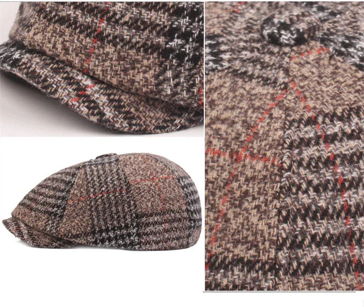 Vintage brown tweed newsboy cap with patchwork plaid pattern and red accents