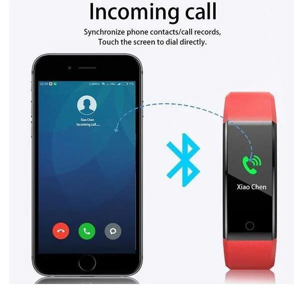 Smartphone and red fitness tracker syncing incoming call via Bluetooth, displaying contact name Xiao Chen