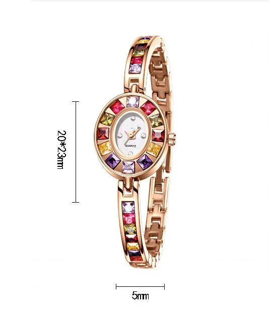 Elegant rose gold quartz women's bracelet watch with multicolor square gemstones, slim design