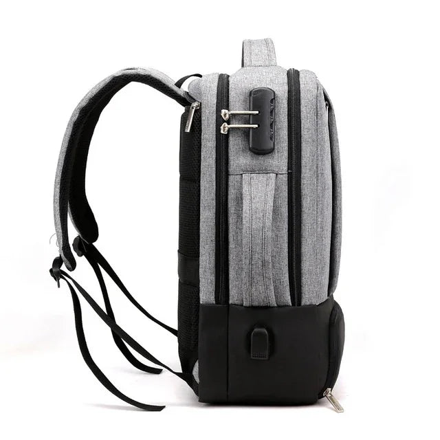 grey and black anti-theft backpack with dual zipper lock and adjustable shoulder straps