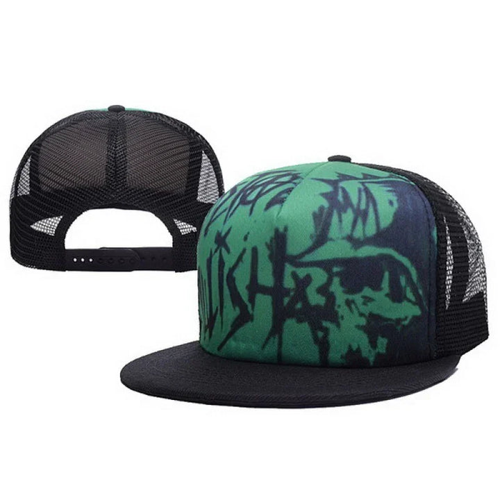 Green and black mesh trucker cap with graffiti-style abstract design and adjustable snapback closure