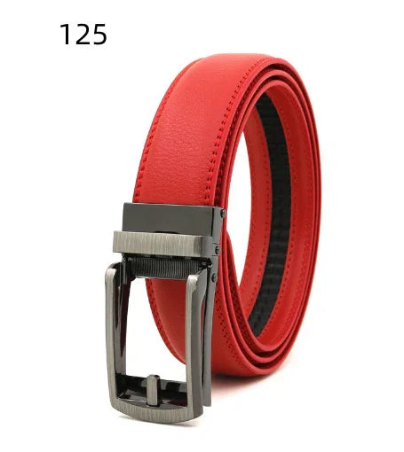 Red leather men's belt with black automatic buckle on white background