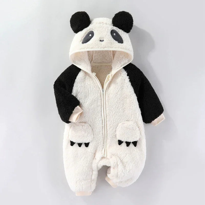 Fuzzy baby panda-themed onesie with hood, black sleeves, and pockets with claw details
