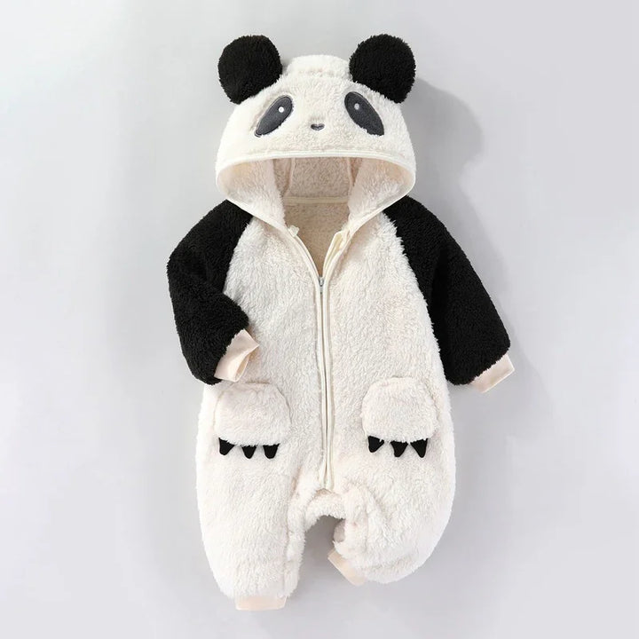 Fuzzy baby panda-themed onesie with hood, black sleeves, and pockets with claw details