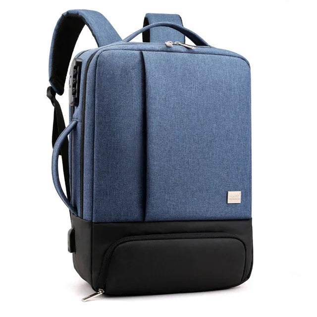 Modern blue and black backpack with USB charging port and multiple compartments