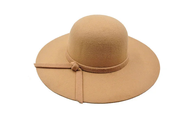 Wide brim beige felt hat with simple knotted band accessory
