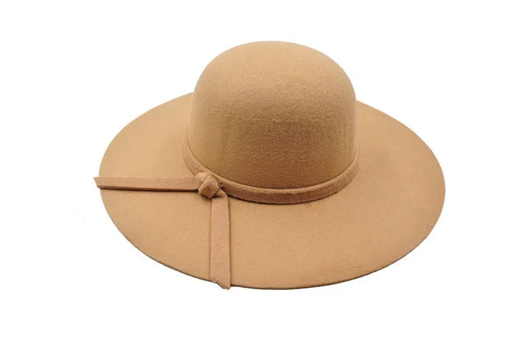 Wide brim beige felt hat with simple knotted band accessory