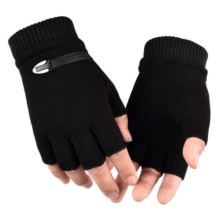 Black fingerless gloves with ribbed cuffs and decorative strap on white background