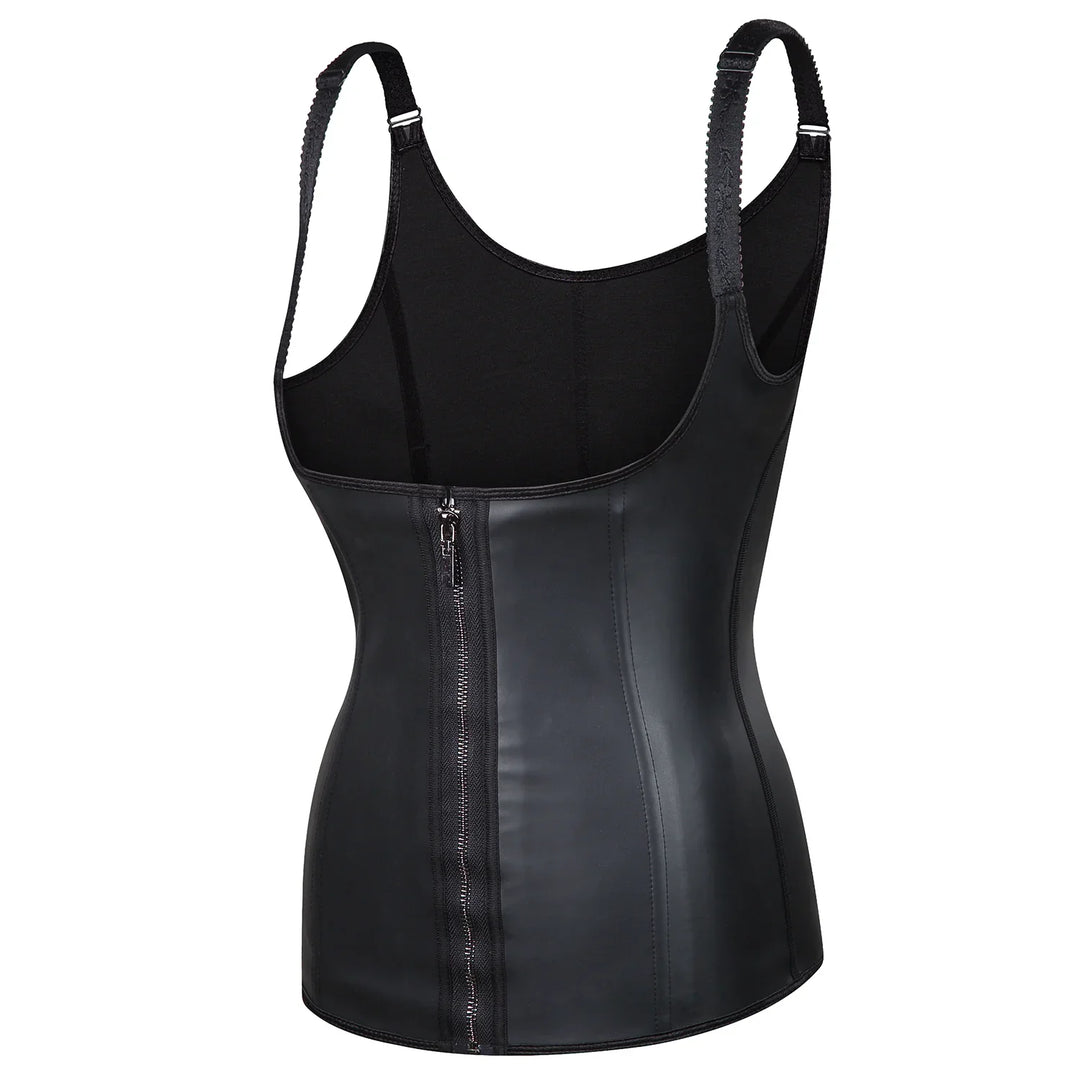 Black waist trainer tank top with front zipper and adjustable straps for shaping