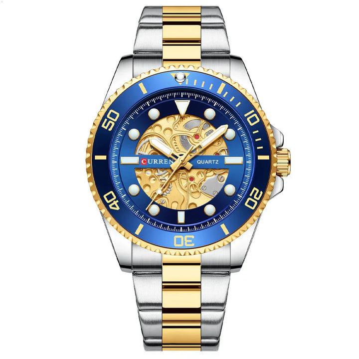 Two-tone gold and silver Curren quartz wristwatch with blue bezel and skeleton dial