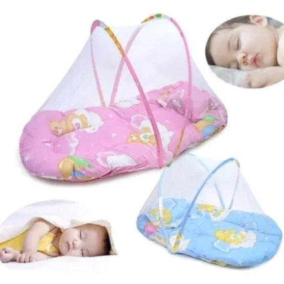 Two baby mosquito nets with cushion mats in pink and blue, featuring cartoon prints, with sleeping babies