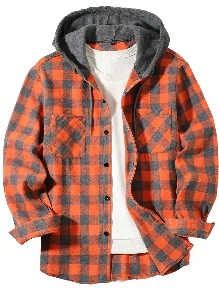 Men's orange and gray checkered flannel shirt with gray hood and white inner shirt