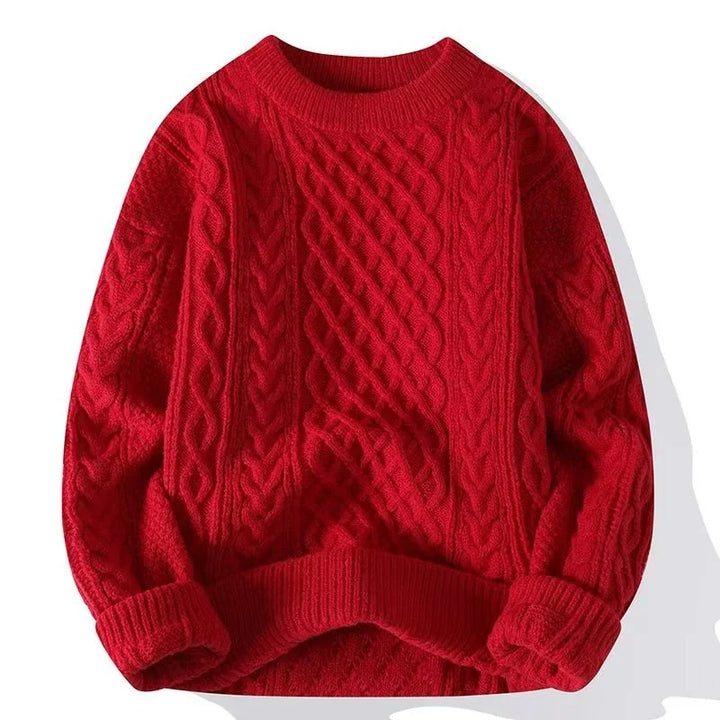 Red cable knit wool sweater with ribbed cuffs and hem, cozy winter clothing