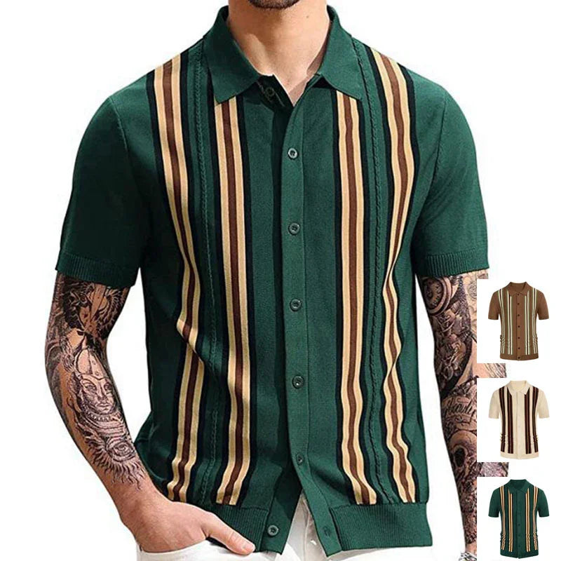 Men's green short sleeve button-up shirt with vertical beige and brown stripes, tattooed arms