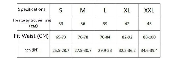 Clothing size chart showing waist measurements in cm and inches for sizes S to XXL