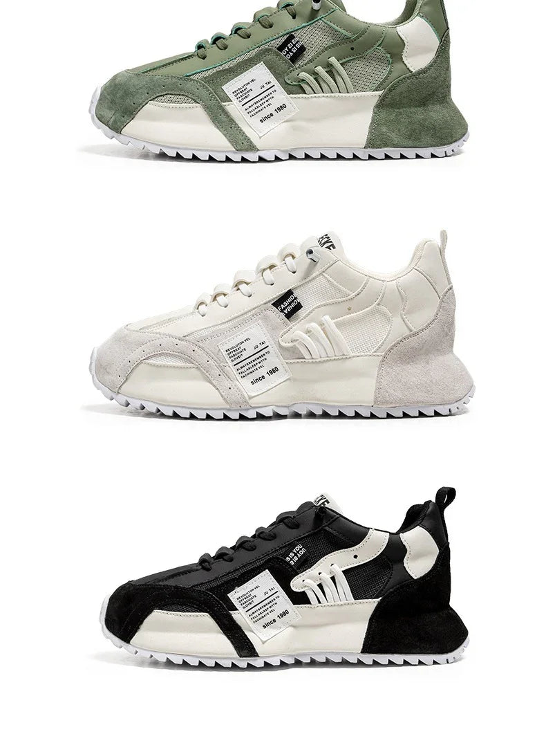 Three pairs of casual sneakers in green, beige, and black with white soles and fabric tags