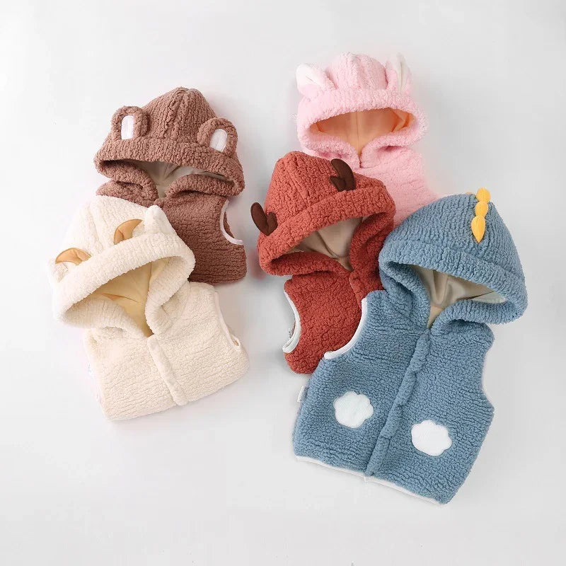 Soft sherpa baby vests in brown, pink, cream, red, and blue with animal ear and horn hood designs