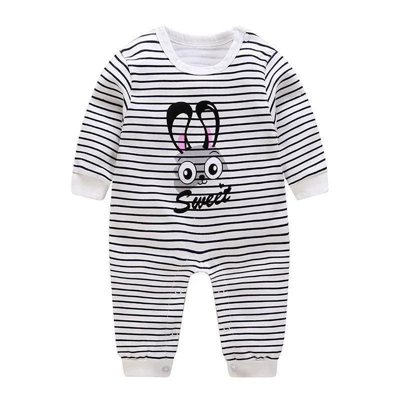 White baby romper with black horizontal stripes, cartoon bunny face, and 'Sweet' text