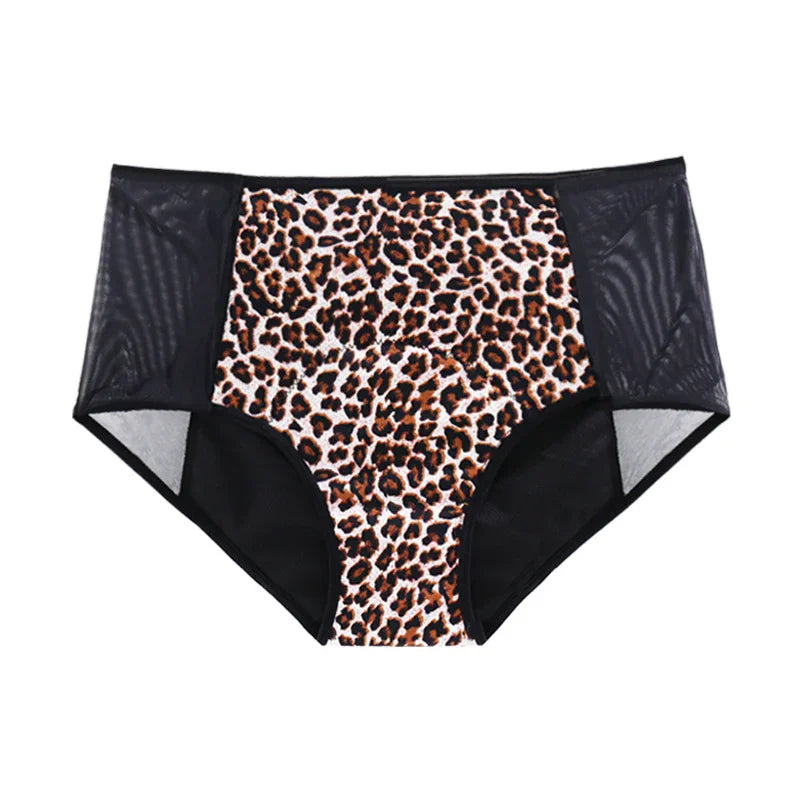 High-waisted women's underwear with leopard print front panel and black mesh side panels