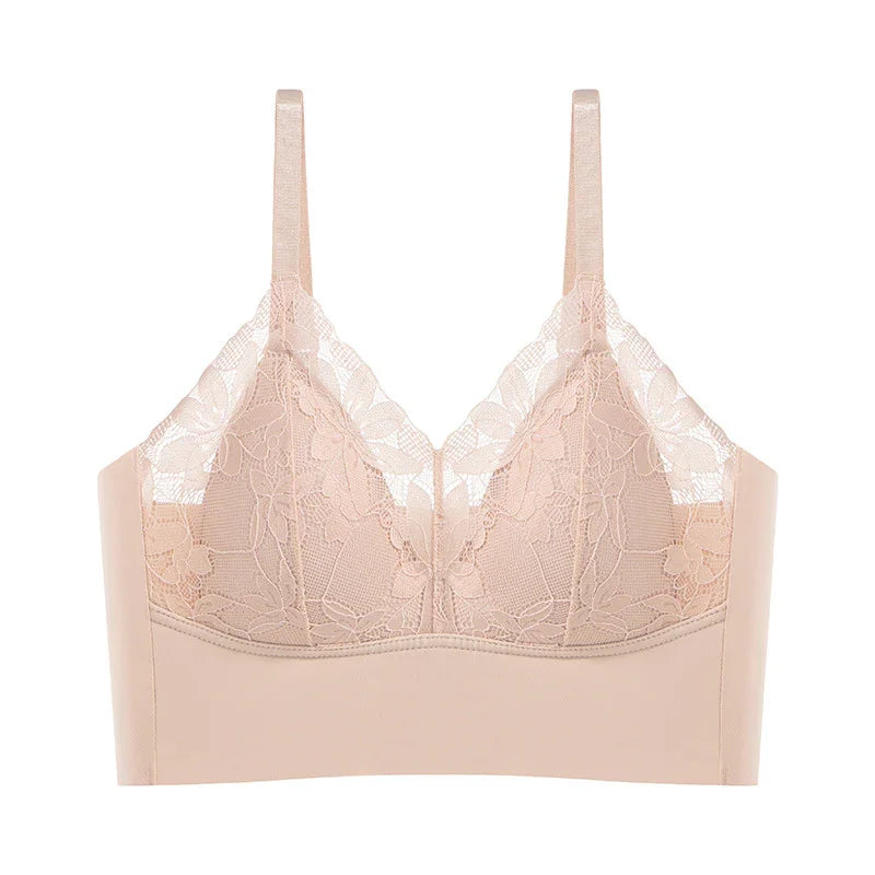 Nude lace wireless bra with adjustable straps and floral mesh design
