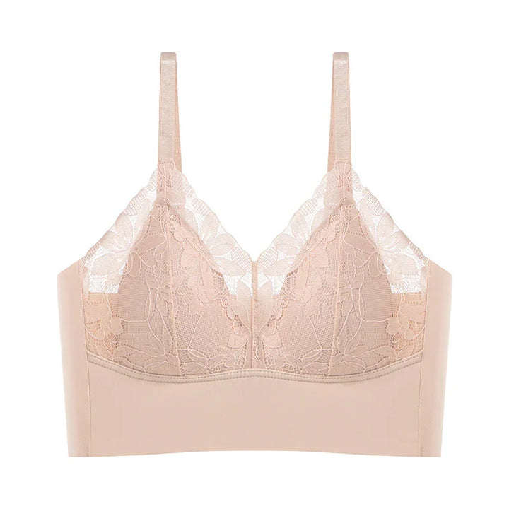 Nude lace wireless bra with adjustable straps and floral mesh design