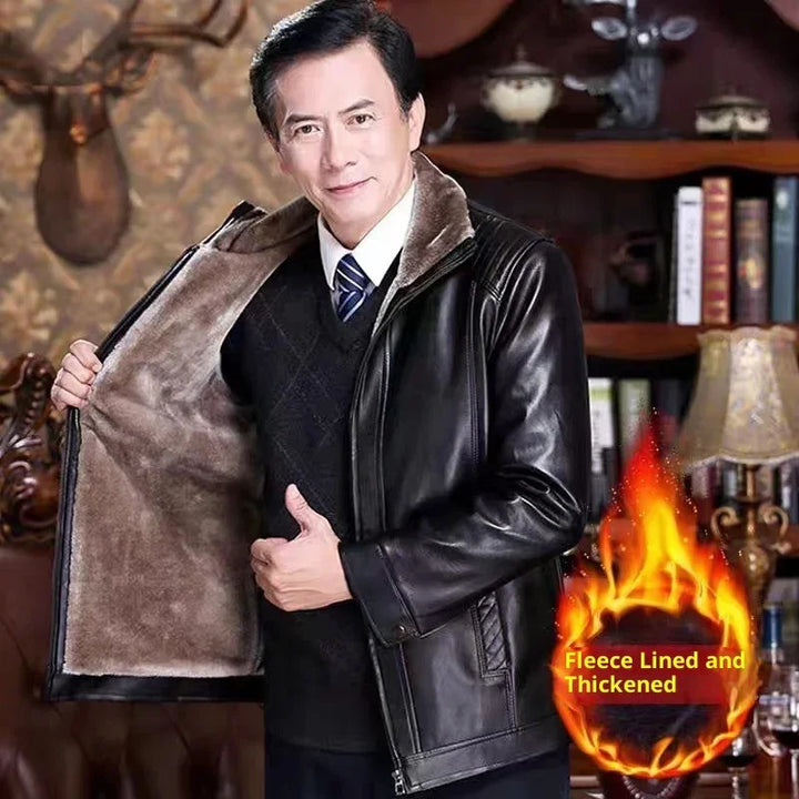 Man in formal attire showing inside of black fleece-lined leather jacket in cozy study room