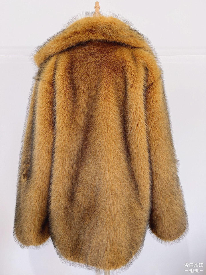 Back view of a brown fur coat with a wide collar hanging on a wooden hanger