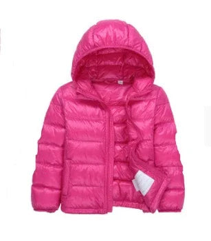 Bright pink puffer jacket with hood and front zipper, laid flat on white background