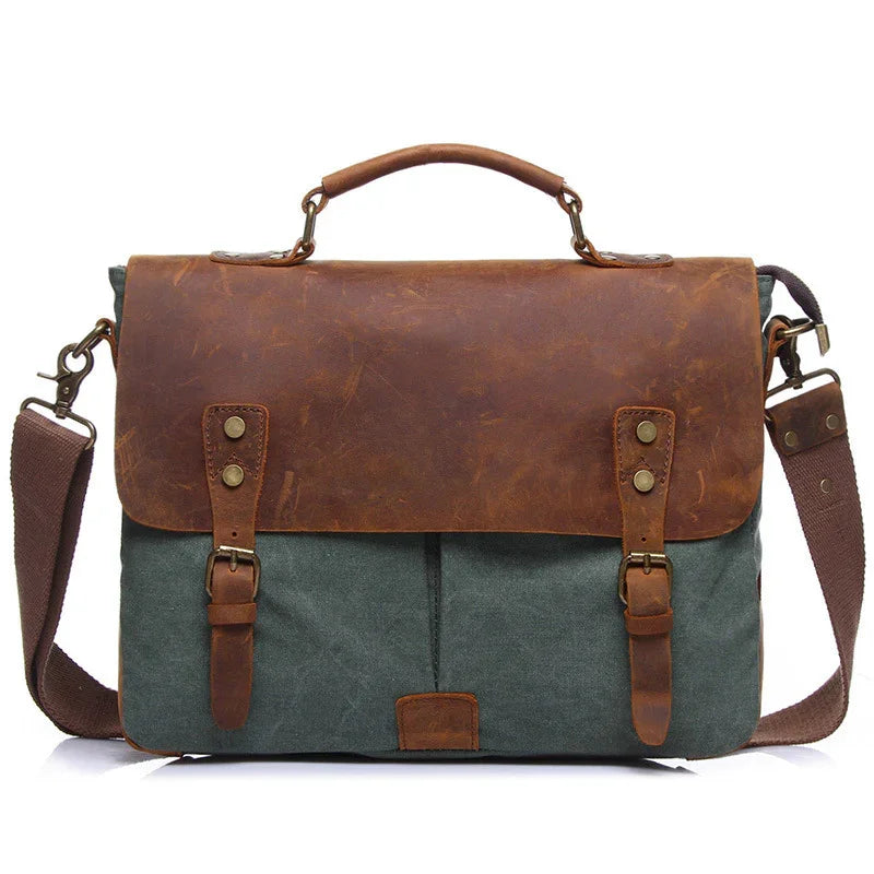 Vintage-style messenger bag with brown leather flap and green canvas body, adjustable shoulder strap
