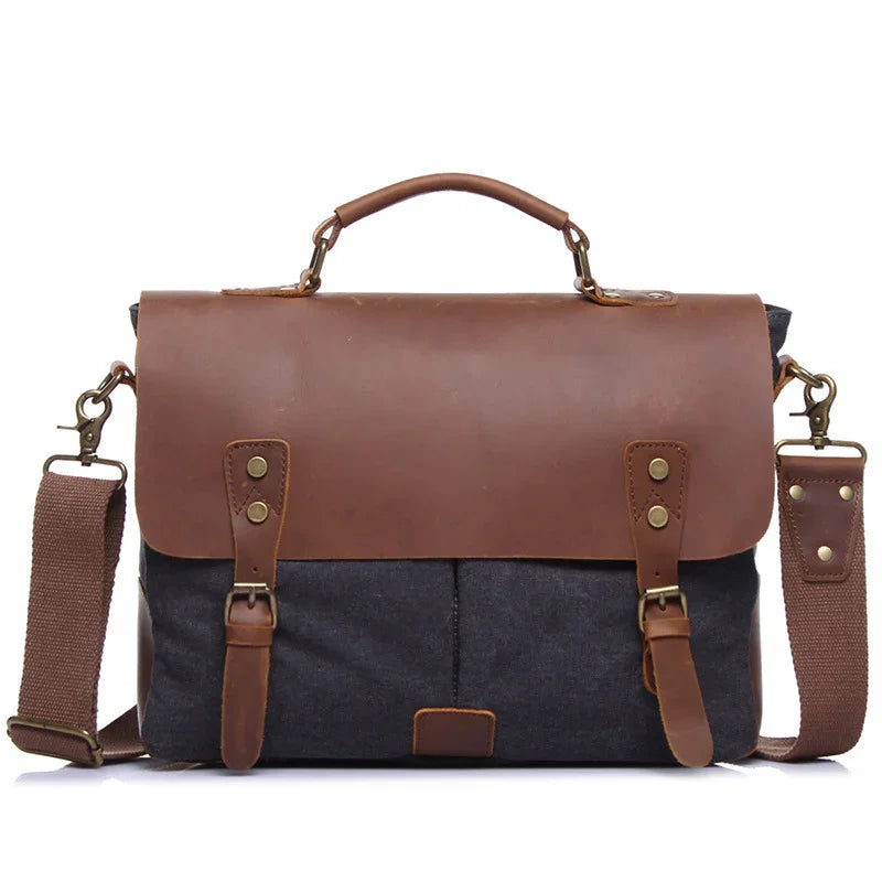 Stylish brown leather and dark canvas messenger bag with adjustable shoulder strap