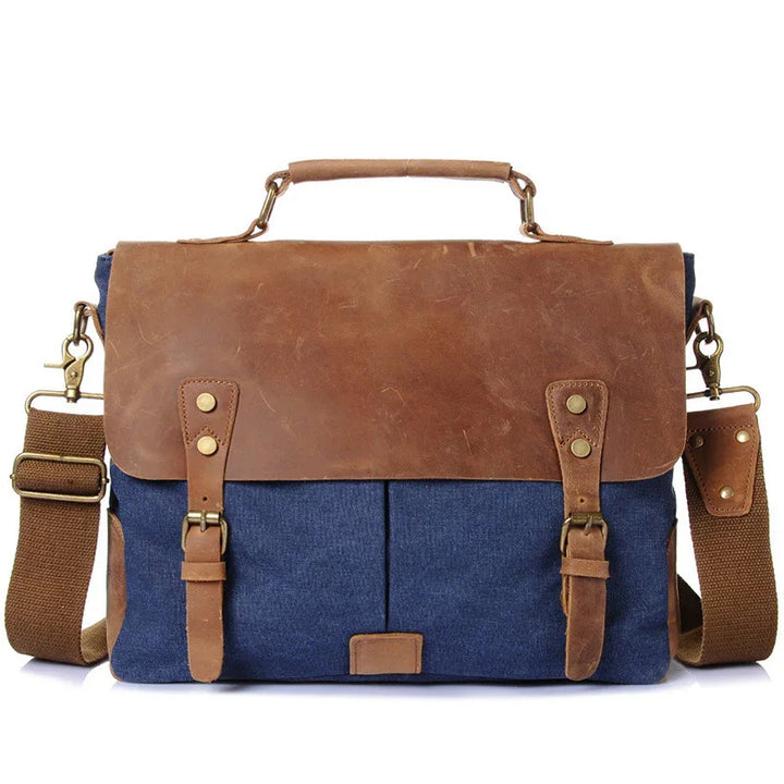 brown leather and blue canvas messenger bag with adjustable shoulder strap and flap closure