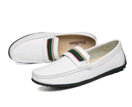 White casual men's loafers with green and red striped detail and black soles