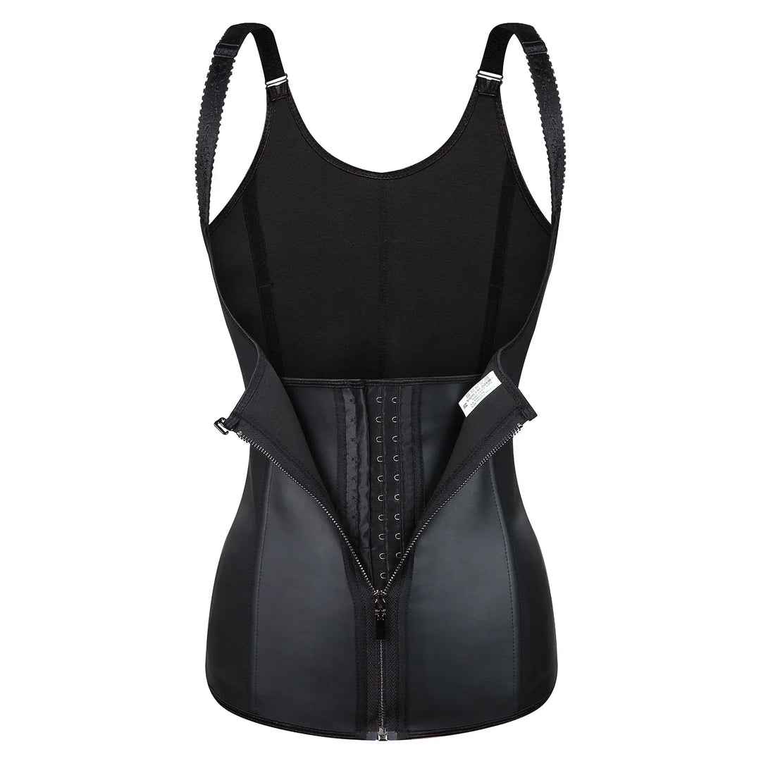 Black waist trainer corset with adjustable straps and zipper front over hook-and-eye closure