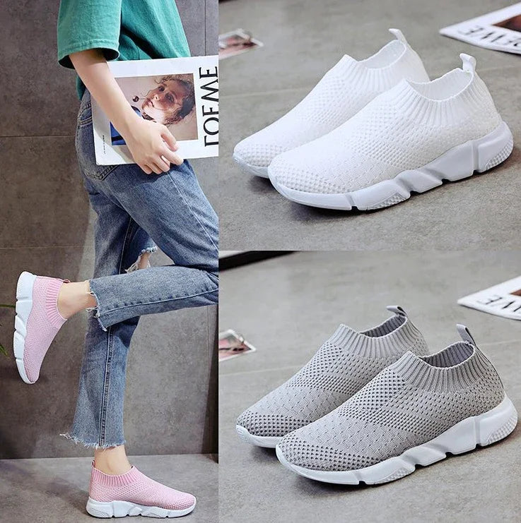 Casual knit sock sneakers in pink, white, and gray with textured soles, shown worn and on floor