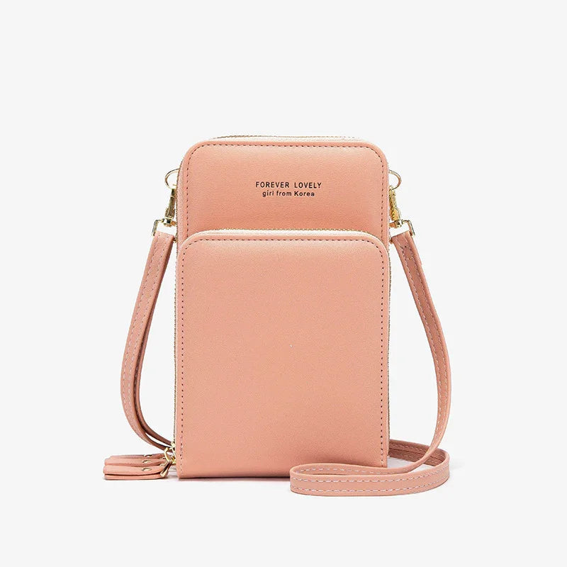 Pink compact crossbody bag with gold zipper and strap, labeled Forever Lovely girl from Korea