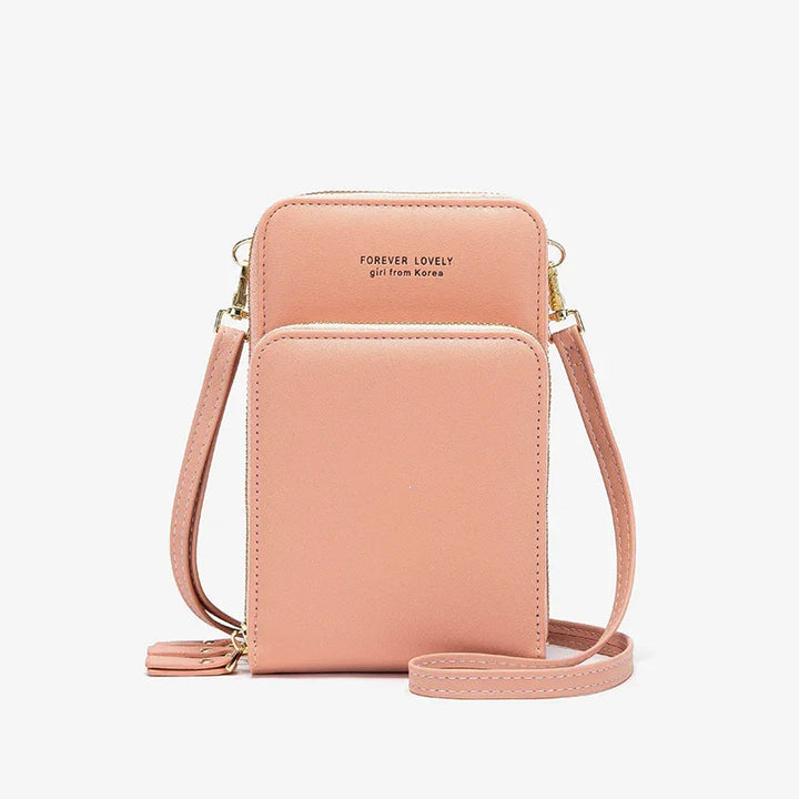 Pink compact crossbody bag with gold zipper and strap, labeled Forever Lovely girl from Korea