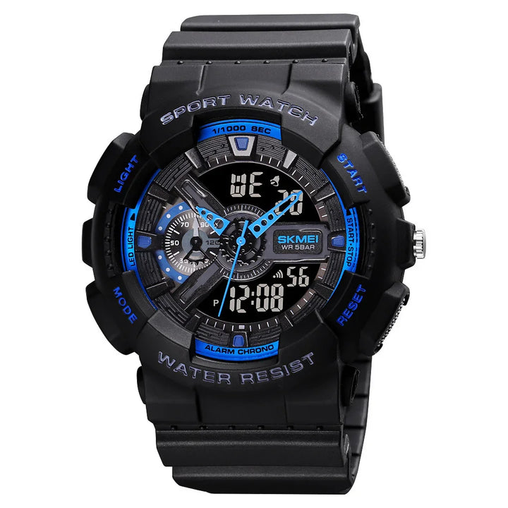 Black and blue SKMEI sport watch with digital and analog display, water resistant, alarm chrono