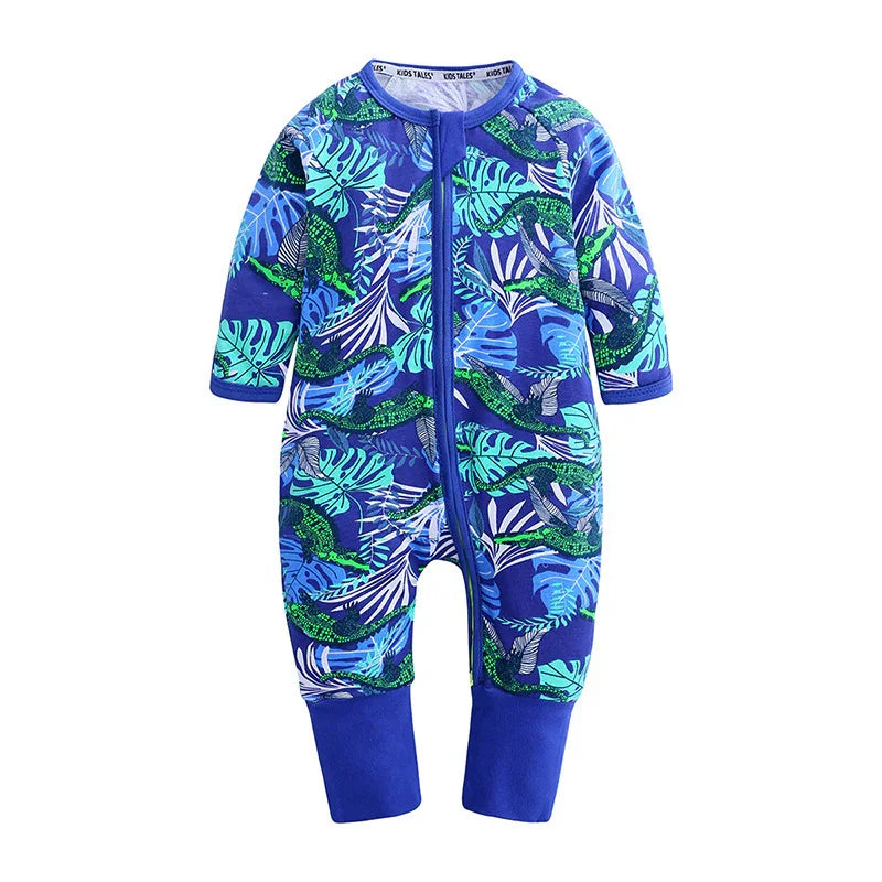 Blue baby romper with green crocodile and tropical leaf pattern, full sleeves, front zipper