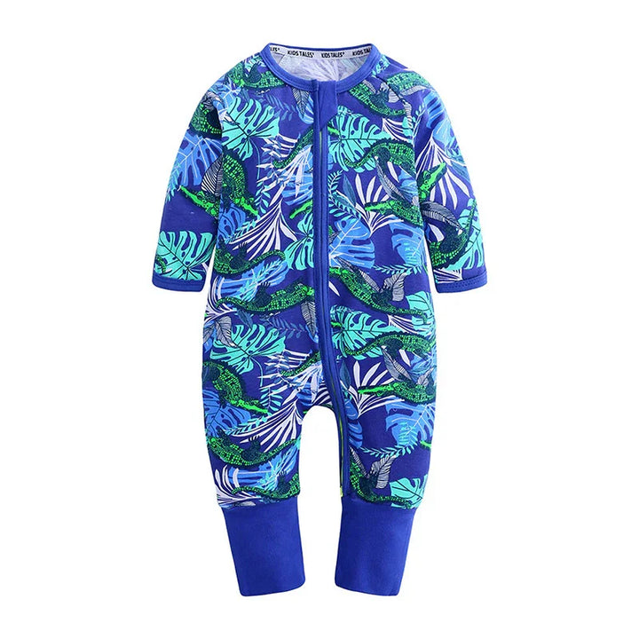 Blue baby romper with green crocodile and tropical leaf pattern, full sleeves, front zipper