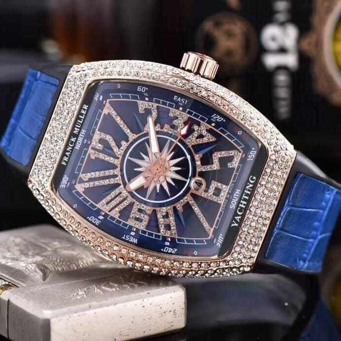 Franck Muller Yachting luxury watch with diamond-encrusted case and blue leather strap