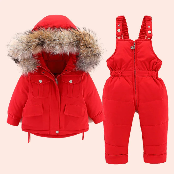 Red toddler winter jacket with fur hood and matching snow bib pants set