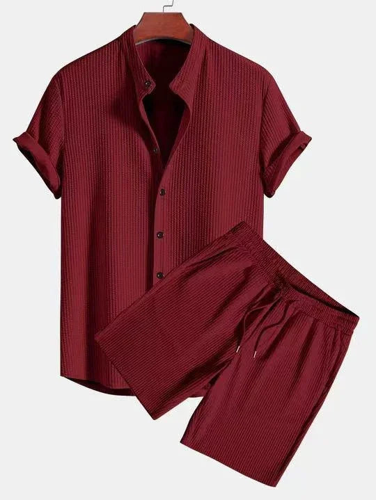 Men's casual maroon ribbed short sleeve shirt with matching elastic drawstring shorts set