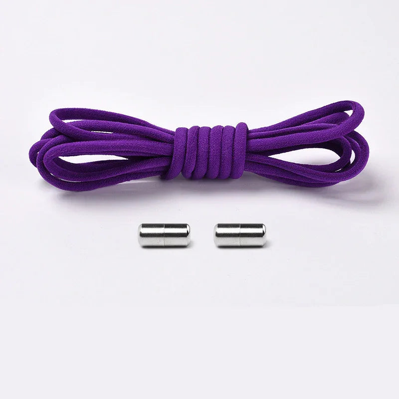 Purple elastic shoelace with two silver magnetic locks on white background