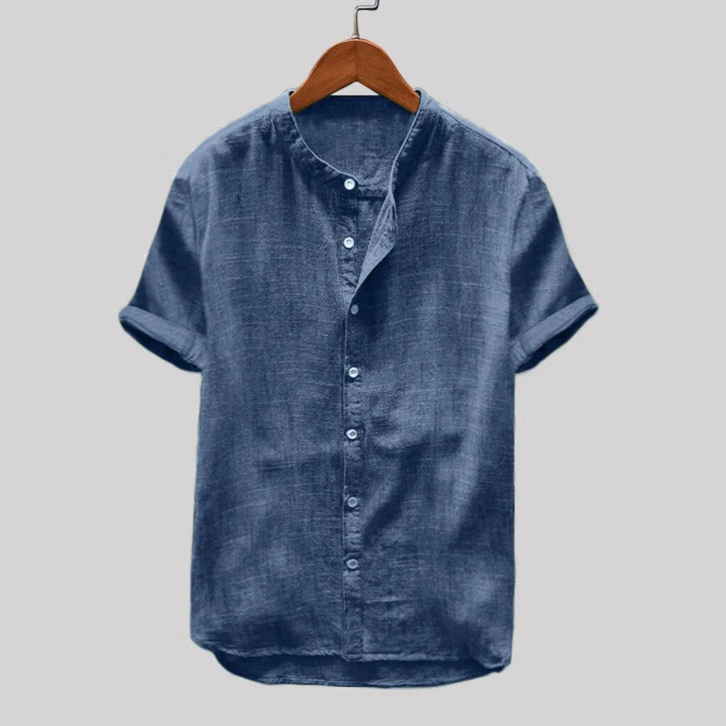 Blue short-sleeve casual linen shirt with mandarin collar on wooden hanger