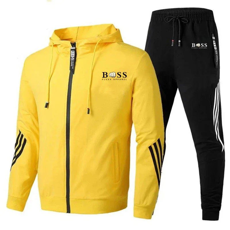 Yellow zip-up hoodie with black stripes on sleeves and black jogger pants with white side stripes, BOSS Flexx Apparel